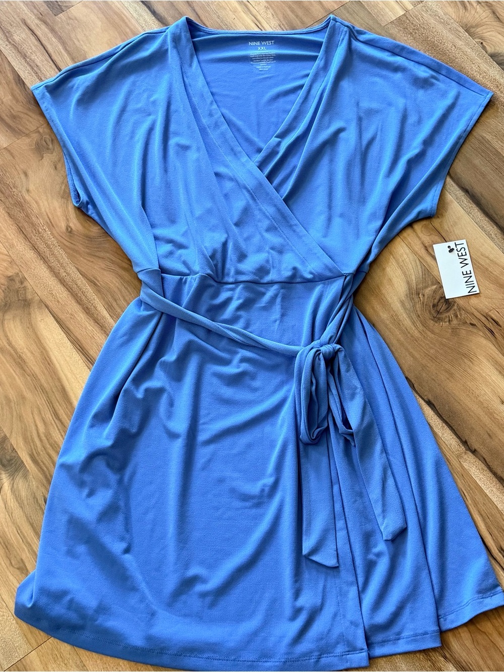 Nine West Blue Wrap Midi Dress with Tie Waist